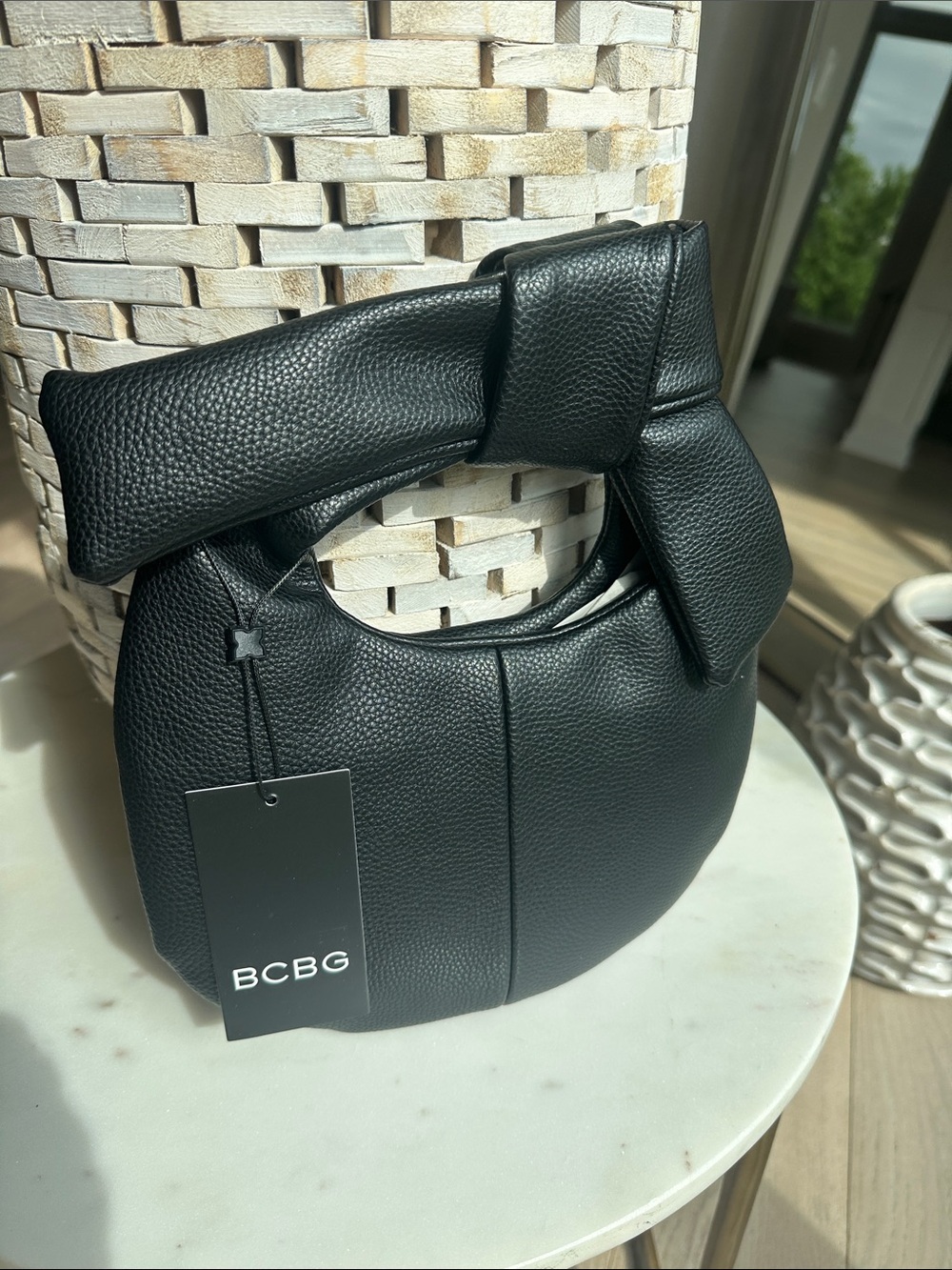 BCBG Black Pebbled Leather Mini Knot-Top Hobo